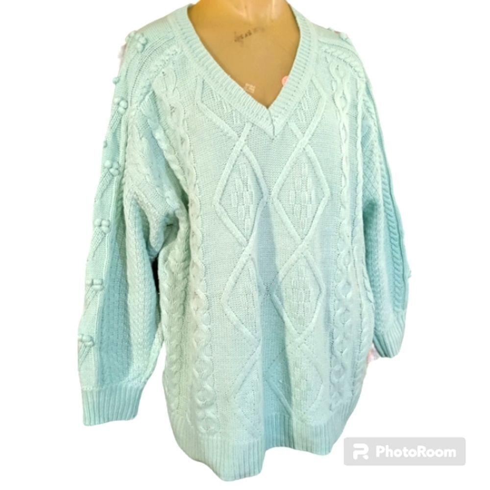 Lime Green Plus Size V-neck Long Sleeve Heavy Cable Knit Pullover Sweate…